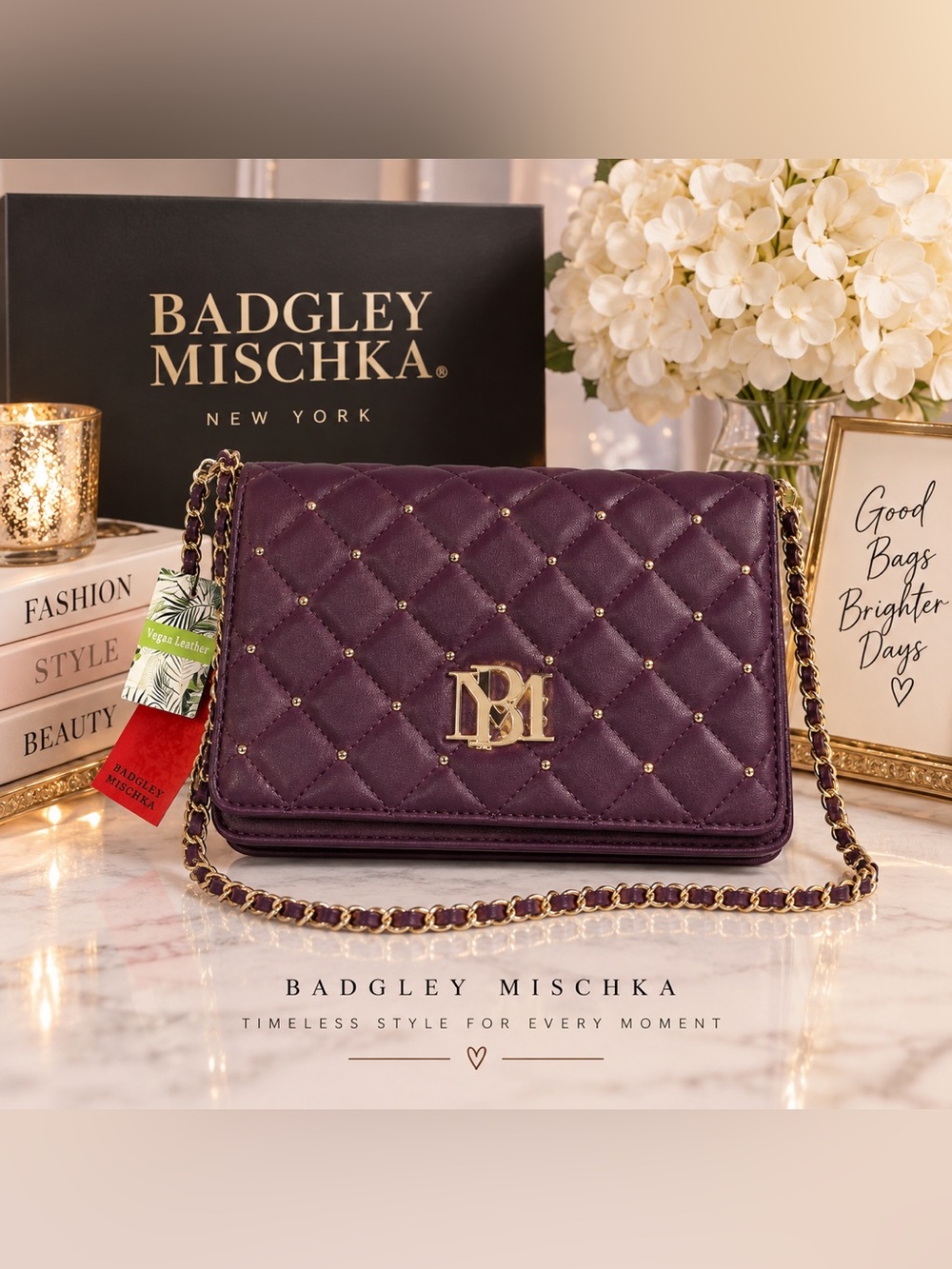 Badgley Mischka Plum Quilted Vegan Leather Shoulder Bag NWT